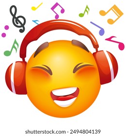 Emoji with headphones listening to music. Emoji for party, celebration, invitation, card, print, graphic design elements. Cute emoticon on a white background.