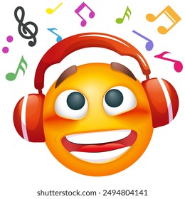 Emoji con auriculares escuchando música. Emoji para fiesta, celebración, invitación, tarjeta, impresión, Elementos de Diseño gráfico. Lindo emoticono sobre un fondo blanco.