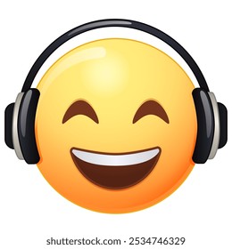 Emoji con auriculares escuchando música, Vector de dibujos animados de estilo. Emoticon en gafas de sol sobre un fondo blanco. Emoji fresco, celebración, invitación, icono de mensajería de chat. Cara linda de la sonrisa