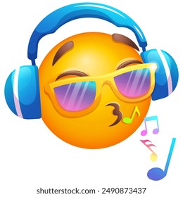 Emoji with headphones singing and listening to music. Emoticon in sunglasses on a white background. Emoji for party, celebration, invitation, card, print, graphic design elements. Cute emoticons