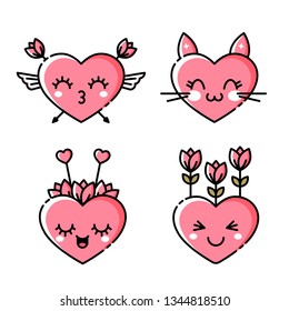 Emoji Heart Icon. Cute pink hearts with emotions.