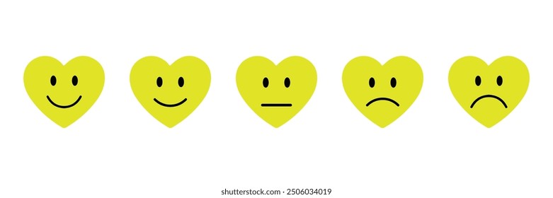 emoji in heart in yellow colour, rating emoji set in yellow, feedback emoticons collection, very happy, happy, sad and very sad emoji, emoji icons