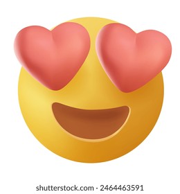 Emoji con corazones en los ojos. Emoticono de amor, cara amarilla con ojos de corazón y sonrisa abierta Amor, emoji emocionado. Icono de Vector estilizado 3D