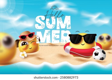 Emoji hello summer clipart design.  Summer greeting text with emoji characters relax, happy and enjoy in sunny day tropical beach background. Vector illustration summer season emoticon clip art.
