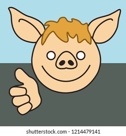 emoji with hitchhiking pig traveler that is asking driver for a free ride in his car by thumbing or using thumbs up gesture, character traveling by autostop, simple hand drawn emoticon