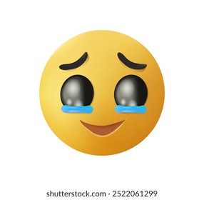 Emoji holding back tears. Cute emoji 3D style cartoon illustration. Tears of hapiness. Crying emoticon smile face vector. Tears in eyes