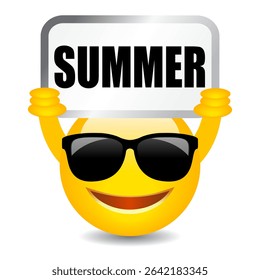 Emoji holding Summer sign isolated on white background. Smiling dude with sun glasses is waiting for the summertime. Yellow flat illustration of funny character.