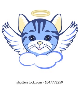 emoji with holy angel or cupid cat with halo above its head & wings on its back, simple hand drawn emoticon, simplistic colorful picture, vector clip art