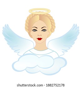 emoji with holy angel or cupid woman with halo above her head and wings on her back, simple hand drawn emoticon, clip art on white isolated background