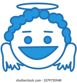 emoji with holy smiling angel or curly cupid with halo above its head & wings on its back & a wide smile, simple hand drawn emoticon, ball or circle shaped face, simplistic facial expression, eps 10