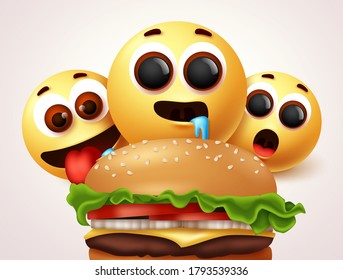 Emoji Hungry Of Burger Character Vector Design. Emoji Of Starving And Hungry Facial Expressions For Delicious And Yummy Hamburger. Vector Illustration 
