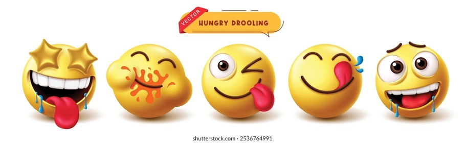 Emoji hungry characters vector set. Emojis drooling emoticon like craving, starving, thirsty and leaking facial expression 3d character yellow icon collection. Vector illustration emojis hungry icon 