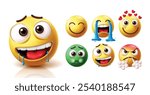 Emoji hungry emoticon character vector set. Emojis  drooling, starving and licking facial expression with emoticons cute smile, crying, in love, sick, hungry and angry faces icon character collection.