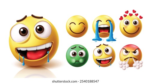 Emoji hungry emoticon character vector set. Emojis  drooling, starving and licking facial expression with emoticons cute smile, crying, in love, sick, hungry and angry faces icon character collection.