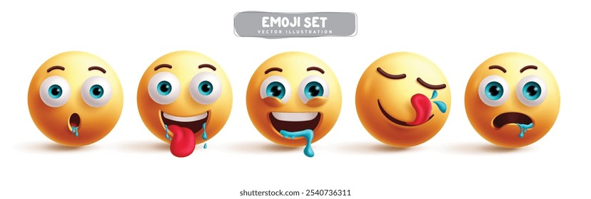 Conjunto de Vector de personajes de emoticonos hambrientos de emoji. Emojis 3d personaje en babeo, hambriento, pervertido, sediento, boca de saliva y expresión facial satisfecha en el fondo blanco. Ilustración vectorial hambrienta 