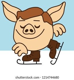 emoji with ice skater pig boy that is figure skating using skates at the rink in the winter, simple hand drawn emoticon, simplistic colorful picture, vector art with pig-like characters