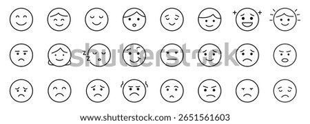 Emoji icon collection set. Outline style mood and reaction symbols for communication and design. Editable stroke. 