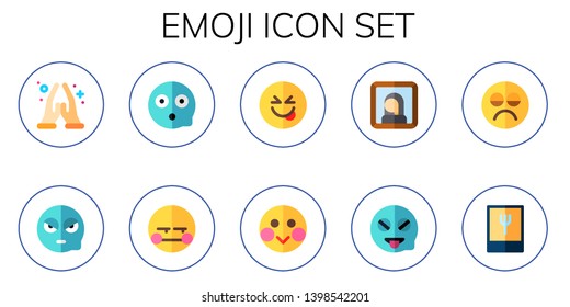 emoji icon set. 10 flat emoji icons.  Collection Of - namaste, angry, scare, smile, shy, gioconda, tease, sad, foodie