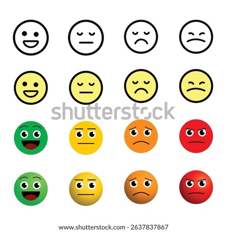 
Emoji Icon Set in Flat, Line, and 3D Styles – Expressive Faces Showing Emotions like Happiness, Sadness, Anger, and Joy.