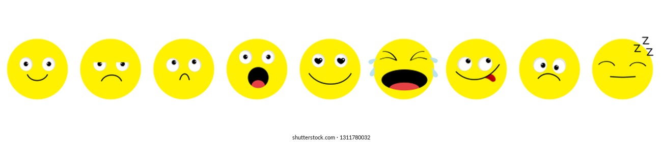 Emoji icon set line. Emoticons. Funny kawaii cartoon characters. Emotion collection. Happy, surprised, smiling crying sad angry face head. Flat design White background. Isolated. Vector illustration
