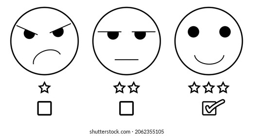 Emoji Icon Satz der Zufriedenheit. Einfaches Feedback in Form von Emotionen im flachen Stil. Rückmeldung des Kunden. Reichweite zur Beurteilung der Emotionen Ausgezeichnete, gute, normale, schlechte, schreckliche Symbole Vektorgrafik