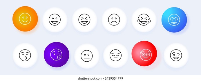 Conjunto de iconos Emoji. Sonrisa, alegría, risa, comunicación, correspondencia, charla, tristeza, sorpresa. Estilo neomorfista. Icono de línea vectorial para negocios y publicidad