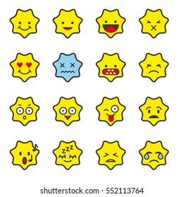Emoji icon set, star shaped emoticon set, flat style.