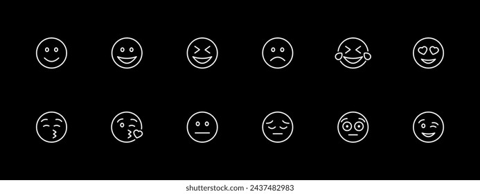Emoji icon set. Wink, surprise, opening eyes, blowing a kiss, smiling, happiness. White line icon on black background. Vector line icon for business and advertising svg