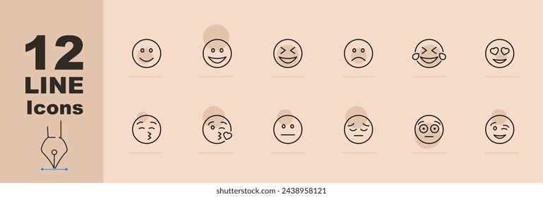 Emoji icon set. Wink, surprise, opening eyes, blowing a kiss, smiling, happiness. Pastel color background. Vector line icon for Business svg