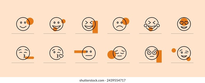 Emoji icon set. Wink, surprise, opening eyes, blowing a kiss, smiling, happiness. Pastel color background. Vector line icon for business and advertising svg