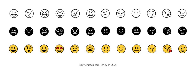 Colección de iconos de emoticonos. Lineal, silueta y estilo plano. Iconos vectoriales