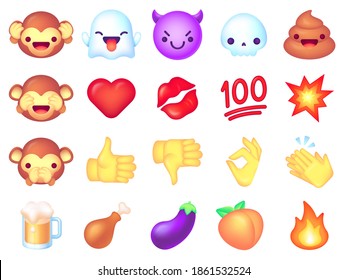 Emoji icons. Cute emoticons happy and angry face, comic turd. Eggplant, monkey collection, hand and kiss lips social chat vector set. Emoji angry, eggplant and apricot illustration