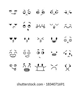 Emoji icons. Hand drawn funny faces. Happy kawaii style. Sketched facial expressions set. Collection of cartoon emotional characters. Vector illustration