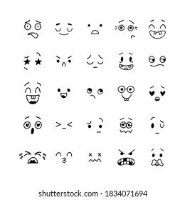 Emoji icons. Hand drawn funny faces. Happy kawaii style. Sketched facial expressions set. Collection of cartoon emotional characters. Vector illustration