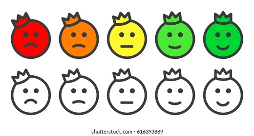 Emoji icons - prince with crown , emoticons for rate of satisfaction level. Five grade smileys for using in surveys. Isolated vector illustration on white background