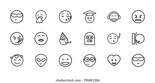 Emoji icons. set of 18 editable outline emoji icons: laughing emot, cool emot in sunglasses, alien head
