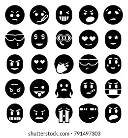 Emoji icons. set of 25 editable filled emoji icons such as cool emot in sunglasses, angry emot, ghost