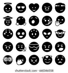 Emoji icons set. set of 25 emoji filled icons such as crazy emot, cool emot in sunglasses, alien head
