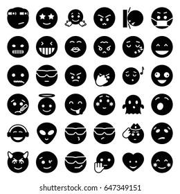 Emoji icons set. set of 36 emoji filled icons such as crazy emot, laughing emot, blush, ghost, alien head