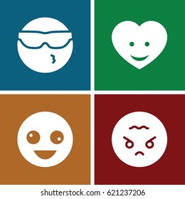 Emoji icons set. set of 4 emoji filled icons such as crazy emot, cool emot in sunglasses, angry emoji