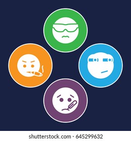 Emoji icons set. set of 4 emoji filled icons such as cool emot in sunglasses, sick emot, smoking emot