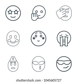 Emoji icons. set of 9 editable outline emoji icons such as cool emot in sunglasses, bye emot