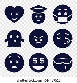 Emoji icons set. set of 9 emoji filled icons such as cool emot in sunglasses, angry emot, ghost, dollar smiley