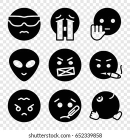 Emoji icons set. set of 9 emoji filled icons such as cool emot in sunglasses, angry emot