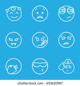 Emoji icons set. set of 9 emoji outline icons such as cool emot in sunglasses, emot in love