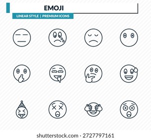 conjunto de ícones emoji - emojis sem expressão, emojis gritos, sudorese decepcionada abrigado coleção de vetores de contorno.
