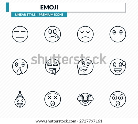 emoji icons set - expressionless emoji, cry emoji, disappointed sweating hushed outline vector collection.