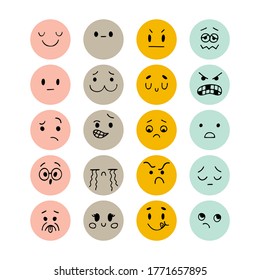 Emoji icons. Set of hand drawn funny faces. Sketched facial expressions set. Happy kawaii style. Collection of cartoon emotional characters. Vector illustration