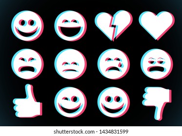 Emoji icons set with smiling face, thumbs up and heart with glitch style for modern social network