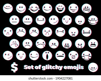 Emoji icons set with smiling face, angry face, masked and censored faces with glitch style